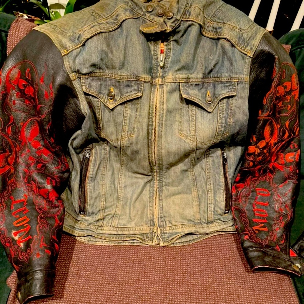 Icon Strongarm Moto Denim Leather Motorcycle Men Jacket Large Etched Skulls